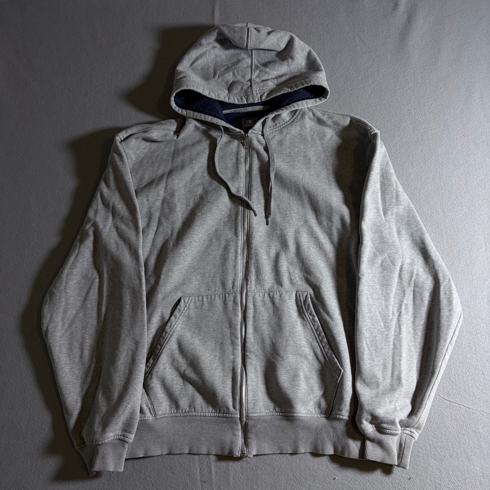 Champion Mens Full Zip Hoodie Heather Gray Navy Lining Size L Logo Sweatshirt